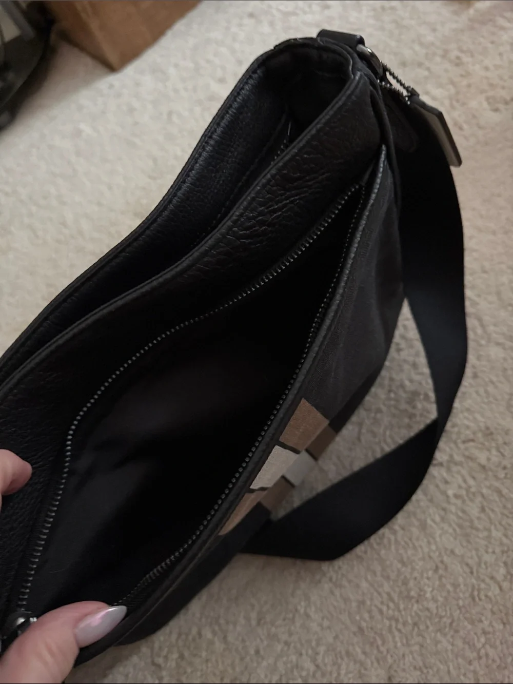 Coach Black Messenger Bag with Tan and White Stripes